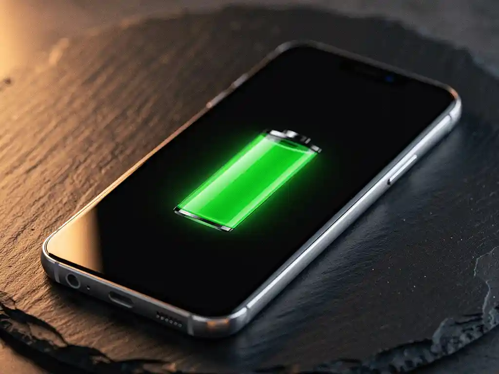 Samsung Galaxy smartphone with glowing green full-charge battery icon on dark slate surface, lit by warm amber side lighting.
