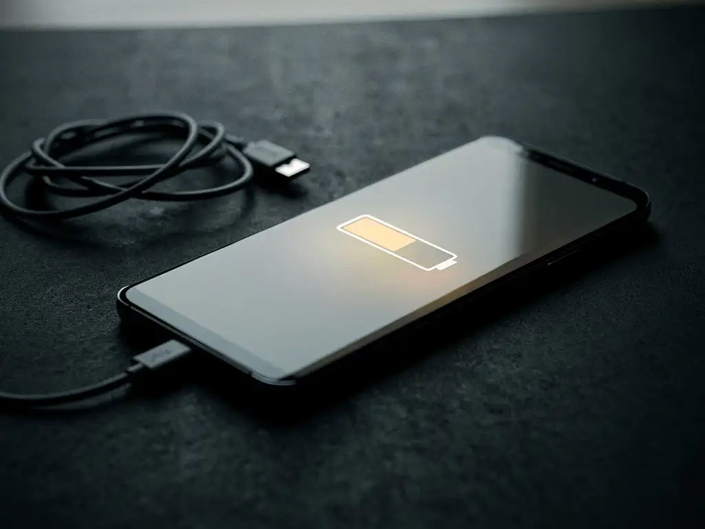 Samsung Galaxy smartphone with critically low battery beside an unused tangled charging cable on a dark textured surface.