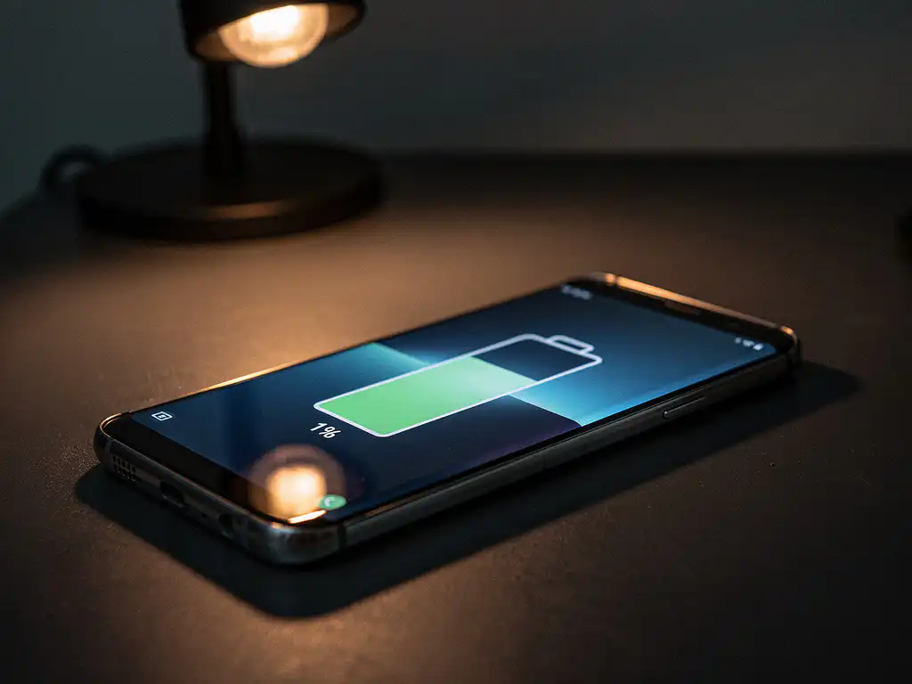 Samsung Galaxy smartphone on dark desk displaying critically low battery warning, lit by warm amber lamp glow against deep shadows.
