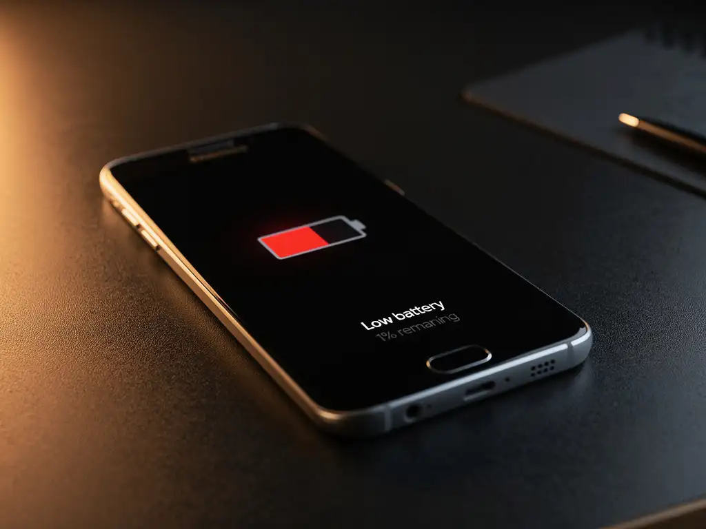Samsung Galaxy smartphone showing a low battery warning, amber glow from screen lighting a dark textured desk with dramatic side shadows.