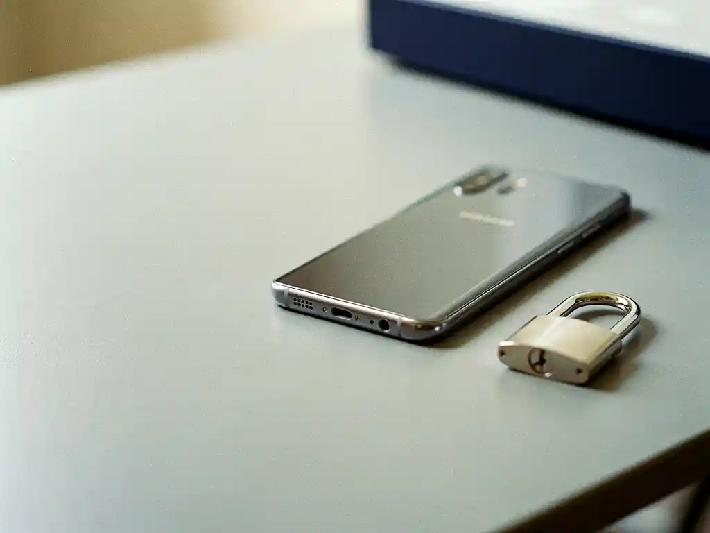 Samsung Galaxy smartphone face-down on a matte desk beside a small padlock, symbolizing mobile privacy and security.