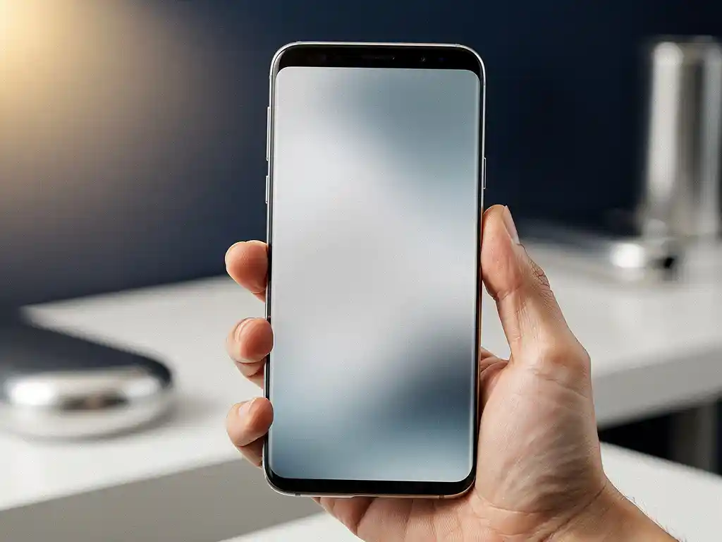 Samsung Galaxy smartphone held in hand displaying a frosted-glass privacy screen blur in a modern minimalist workspace with navy and white tones.