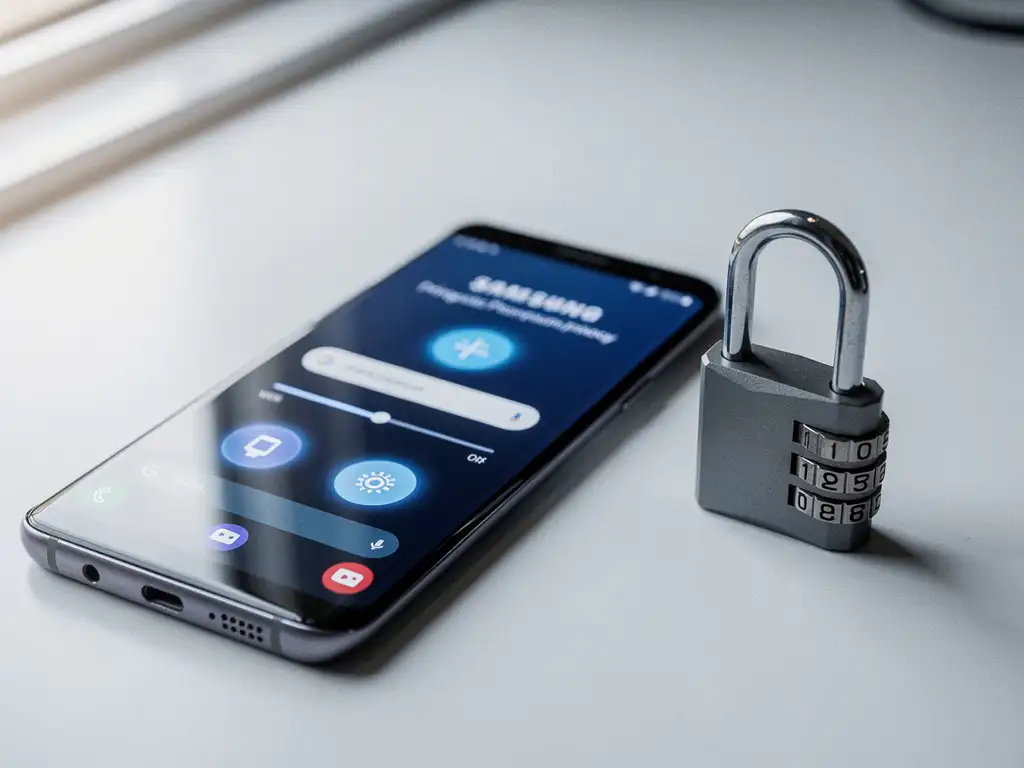 Samsung Galaxy smartphone displaying the Privacy menu in Settings, with a combination padlock beside it on a white desk.