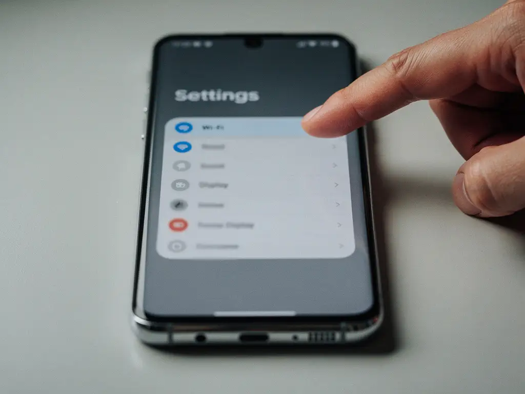 Finger hovering over a Samsung Galaxy smartphone displaying a blurred settings menu on a matte desk.