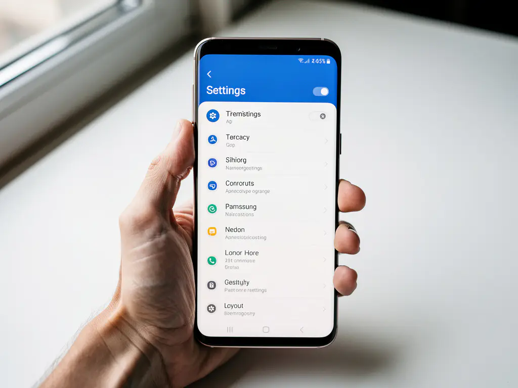 Samsung Galaxy smartphone held in hand displaying the Settings menu with battery icon, soft natural window light, white desk background.