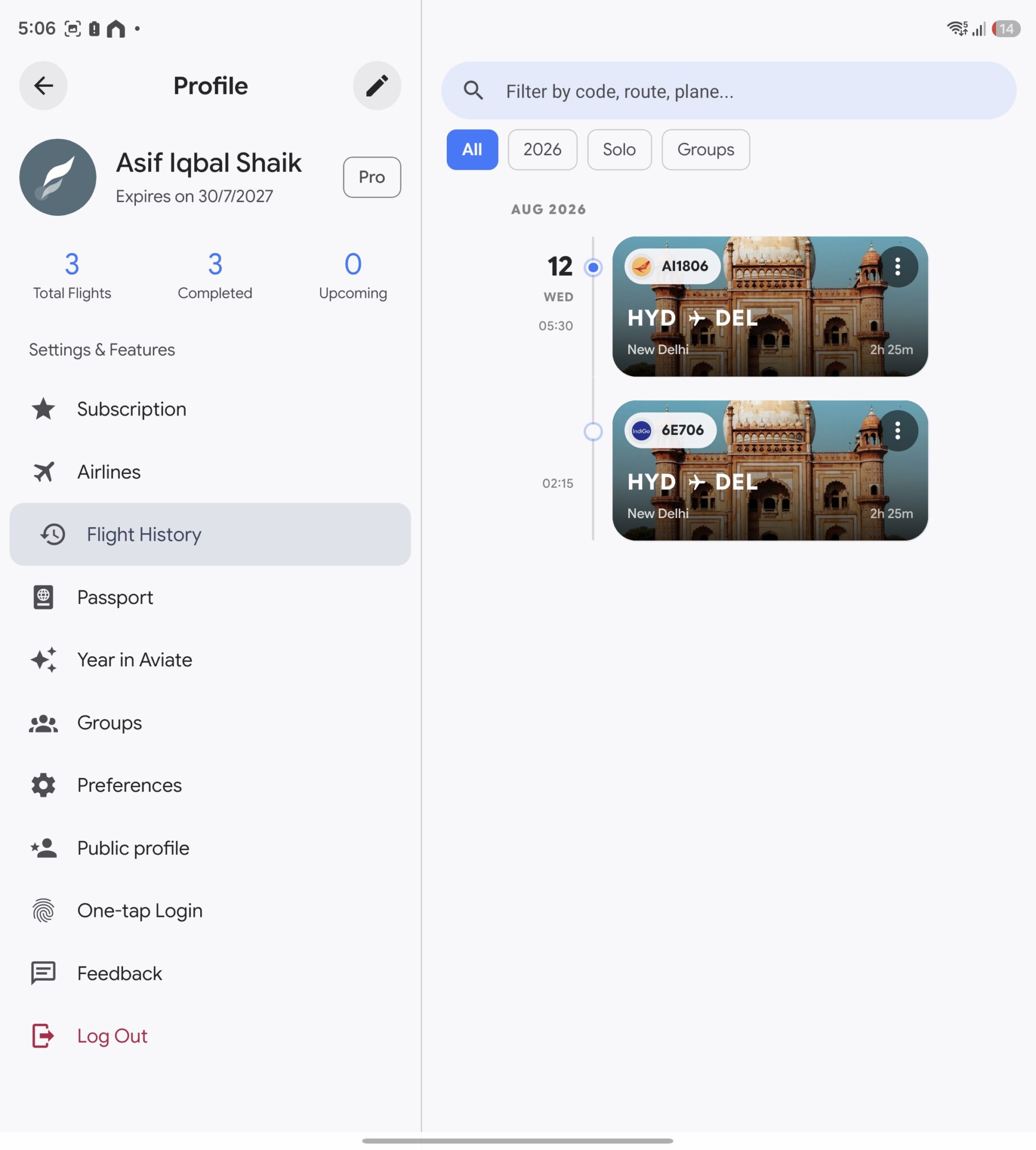 Aviate Android App Flight History Foldable Optimization