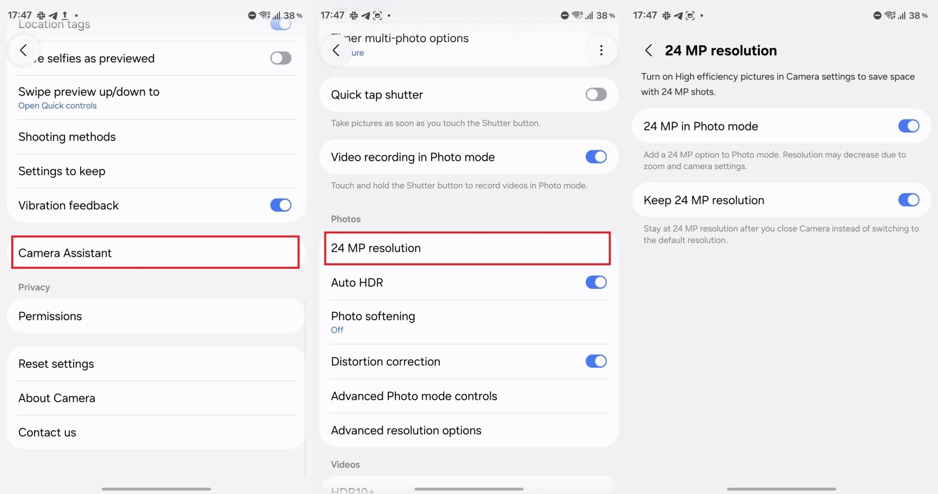 Galaxy Z Fold 8 24MP resolution setting