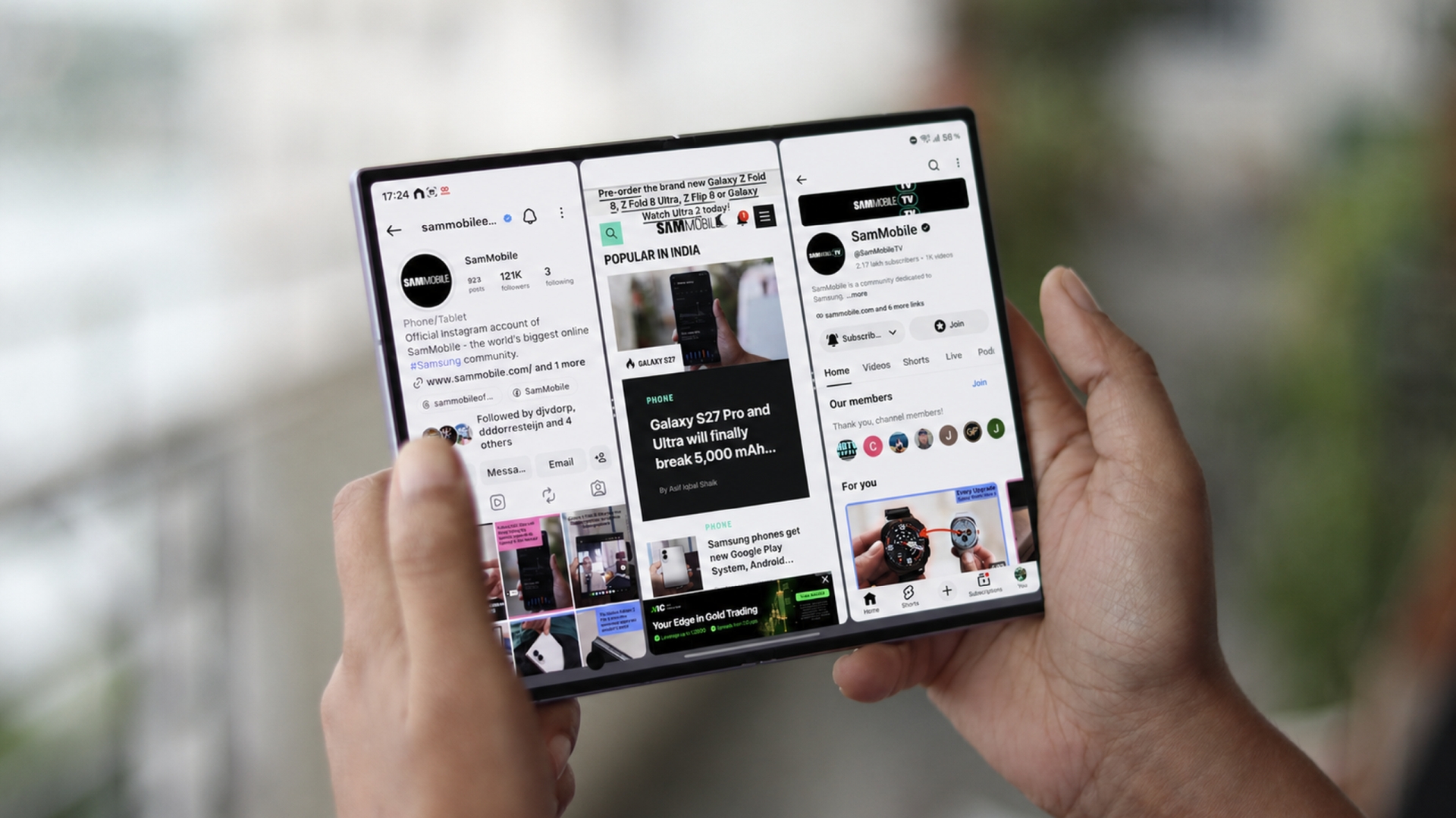 Three-app multitasking on Galaxy Z Fold 8