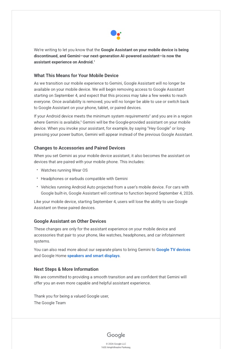 Google Gemini Replace Assistant Announcement Email August 2026