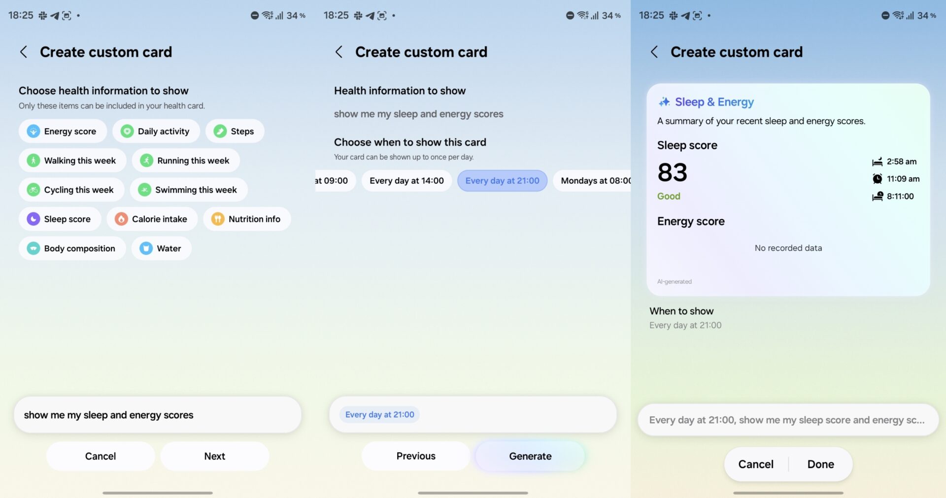 Now Brief sleep and energy score custom card on Galaxy Z Fold 8