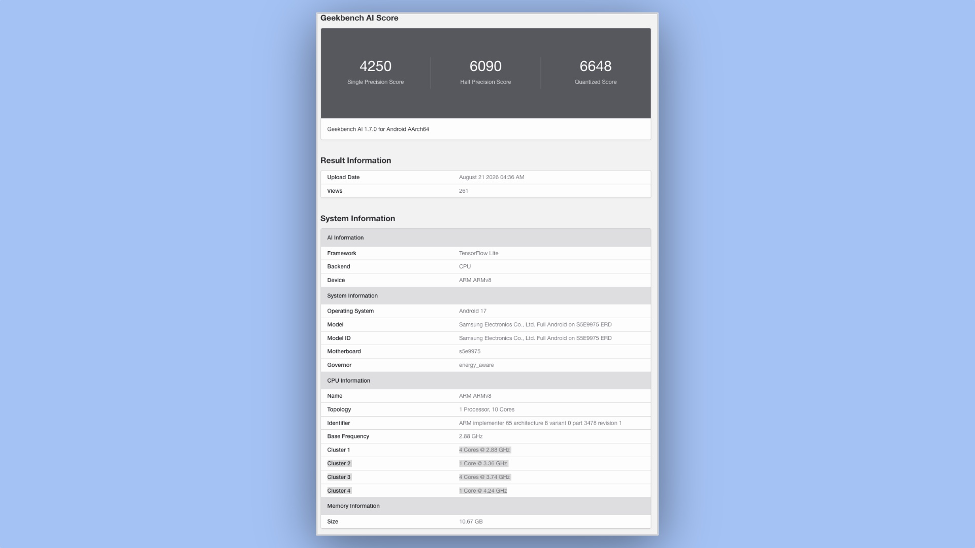 Samsung Exynos 2700 Geekbench AI 1.7 Performance Score Database
