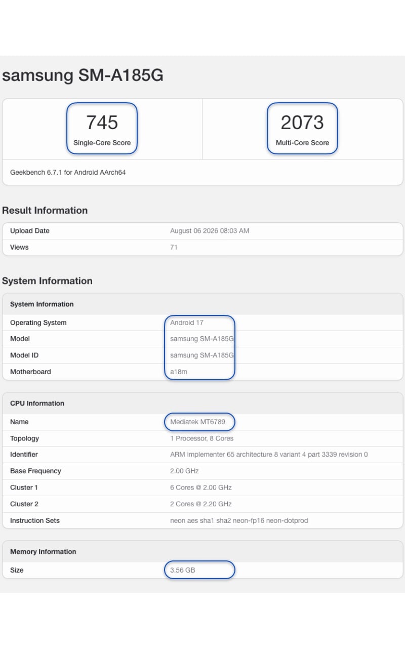 Samsung Galaxy A18 4G MediaTek Helio G99 Processor Geekbench 6