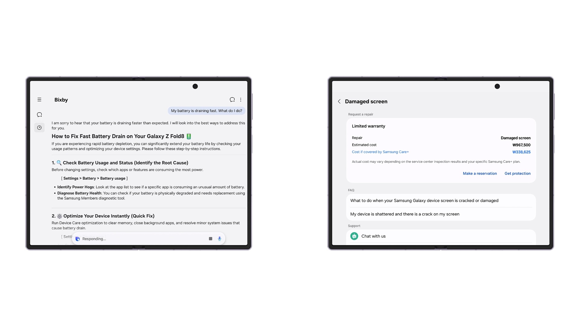 Samsung Galaxy Z Fold 8 Ultra One UI 9.0 Settings Warranty And Care Bixby Diagnostics Repair Estimates