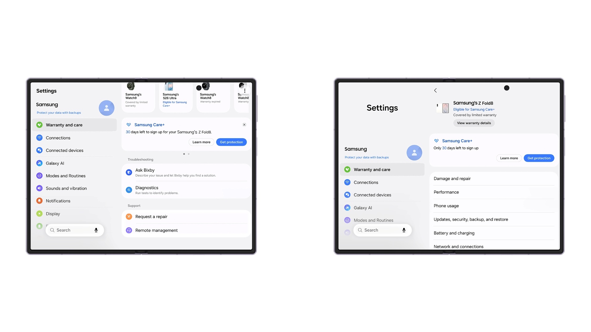 Samsung Galaxy Z Fold 8 Ultra One UI 9.0 Settings Warranty And Care
