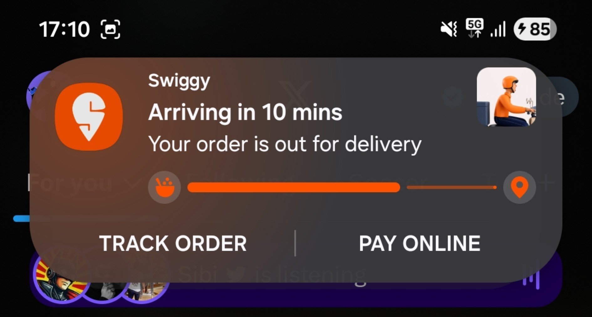 Now Bar Showing Swiggy Order Delivery Status On Status Bar