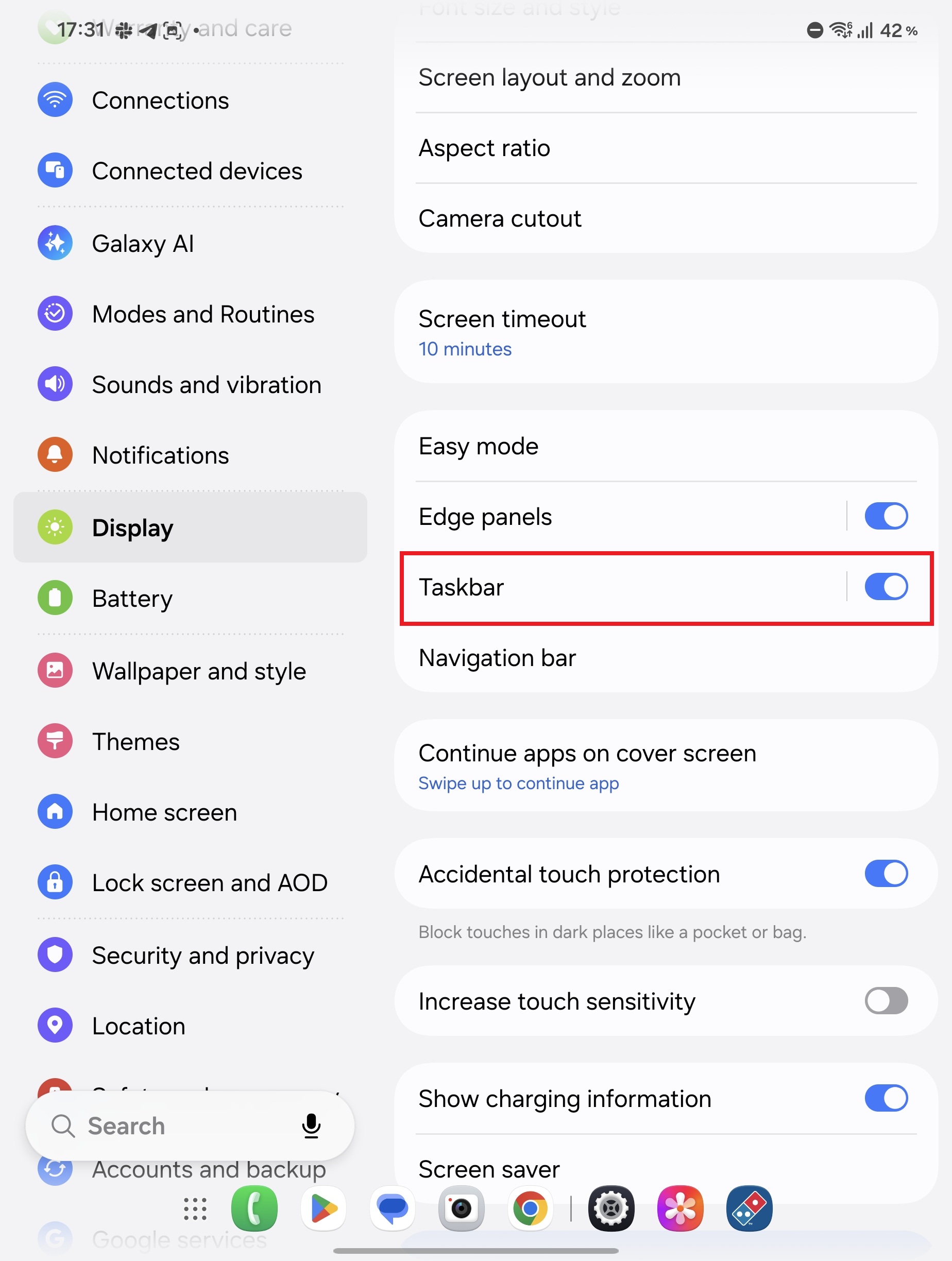 Taskbar settings on Galaxy Z Fold 8