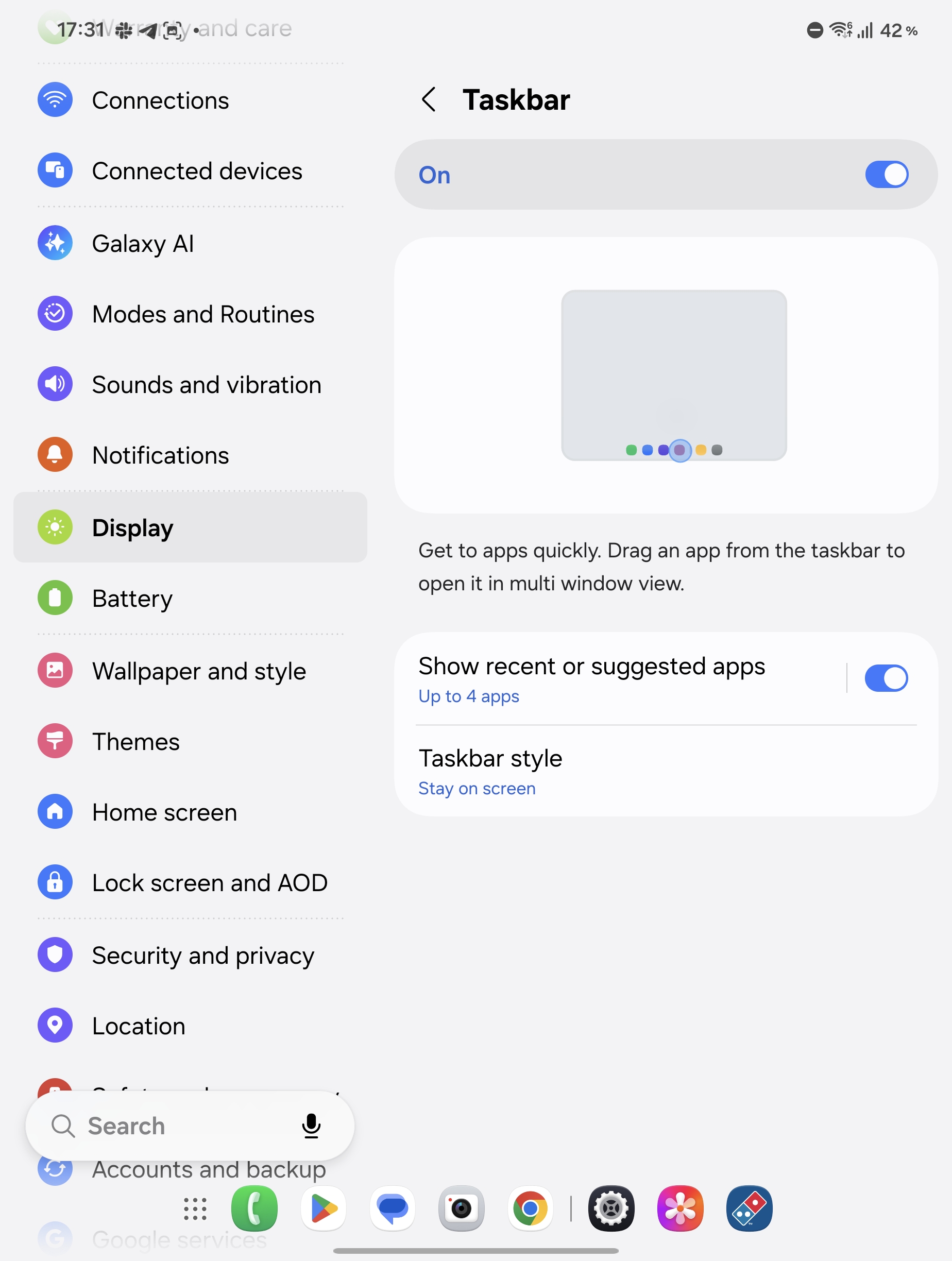 Taskbar settings on Galaxy Z Fold 8