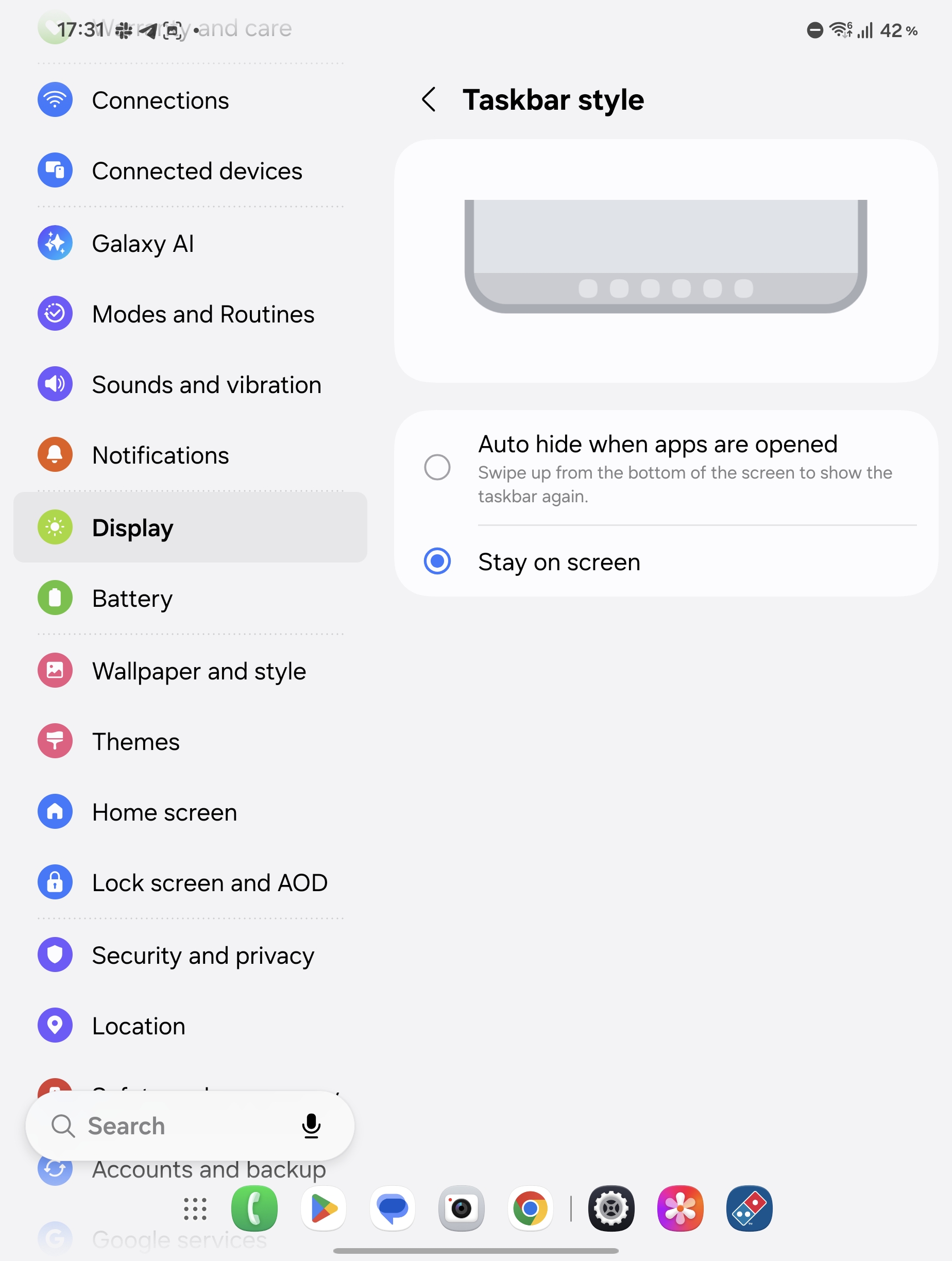 Taskbar style settings on Galaxy Z Fold 8