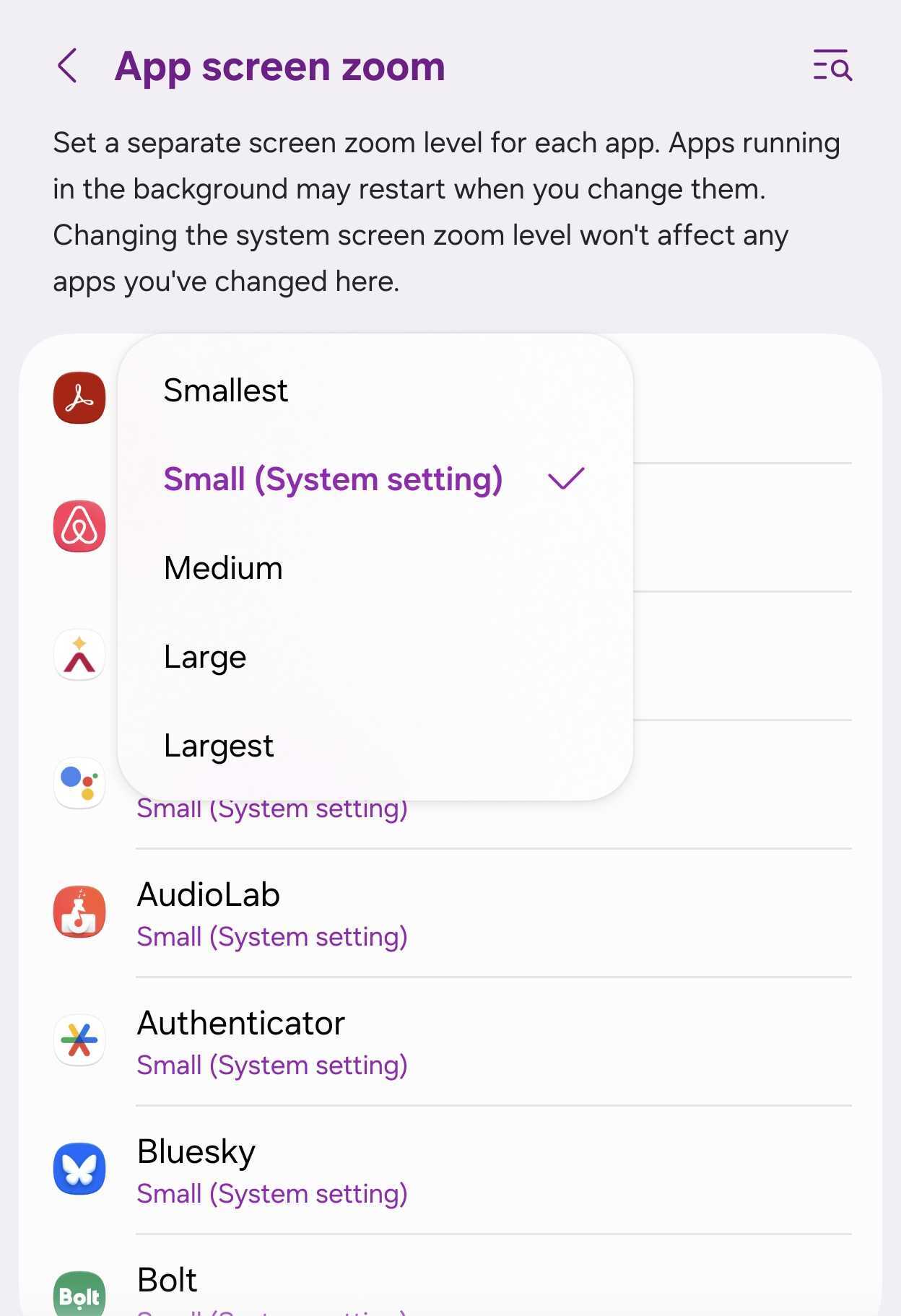 One UI App Screen Zoom