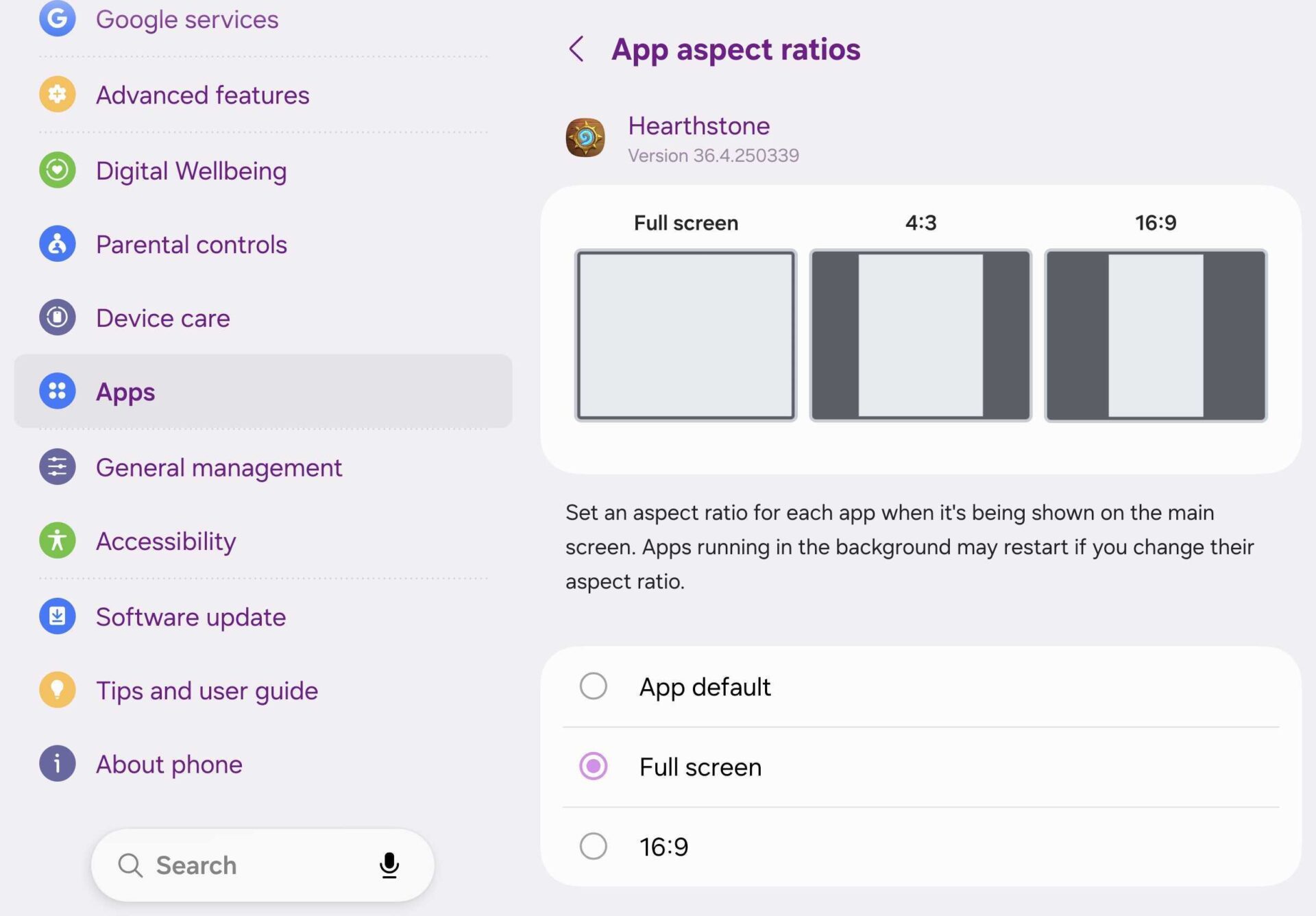 Galaxy Z Fold 8 app aspect ratio settings