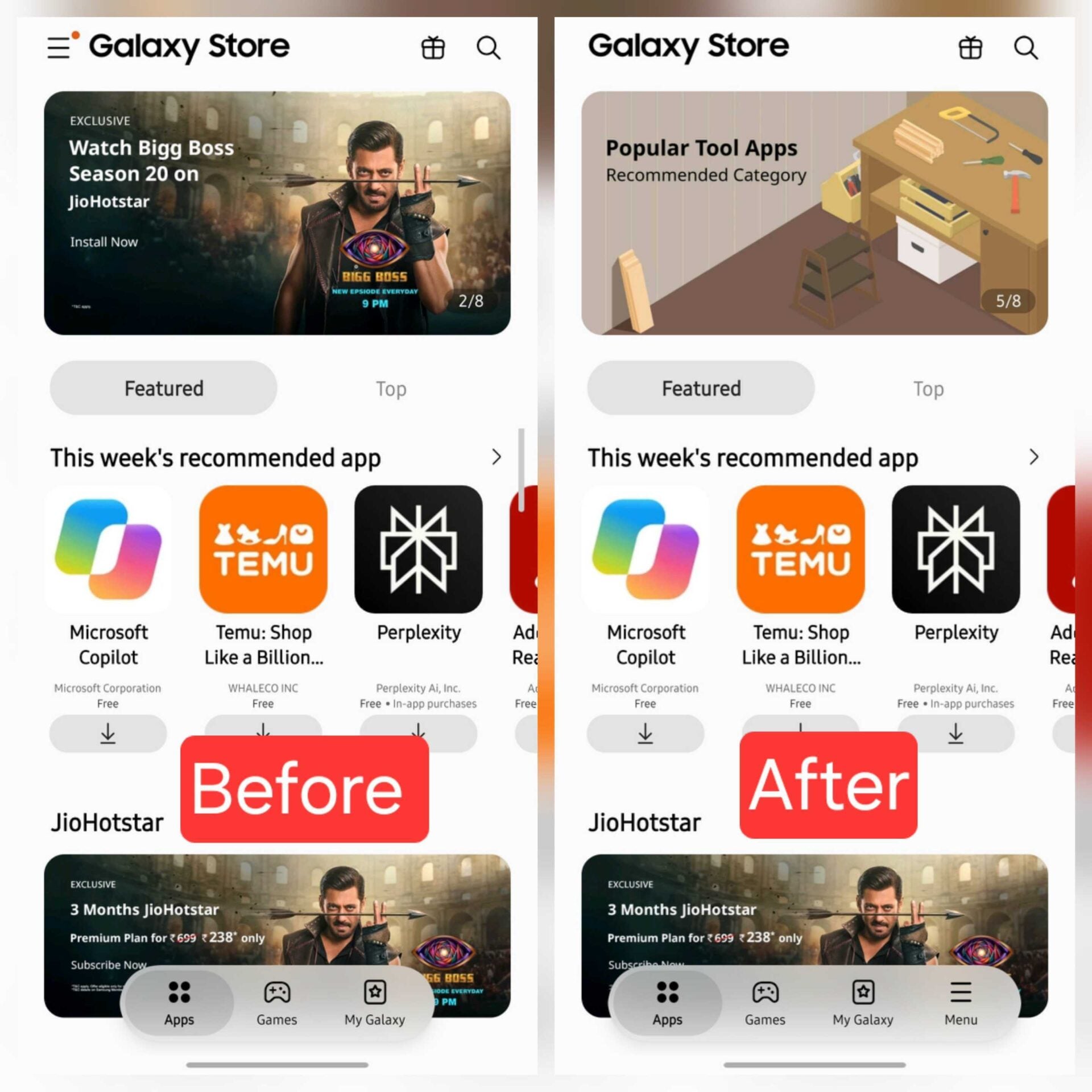 Samsung Galaxy Store Version 6.6.18 Repositioned Menu Icon