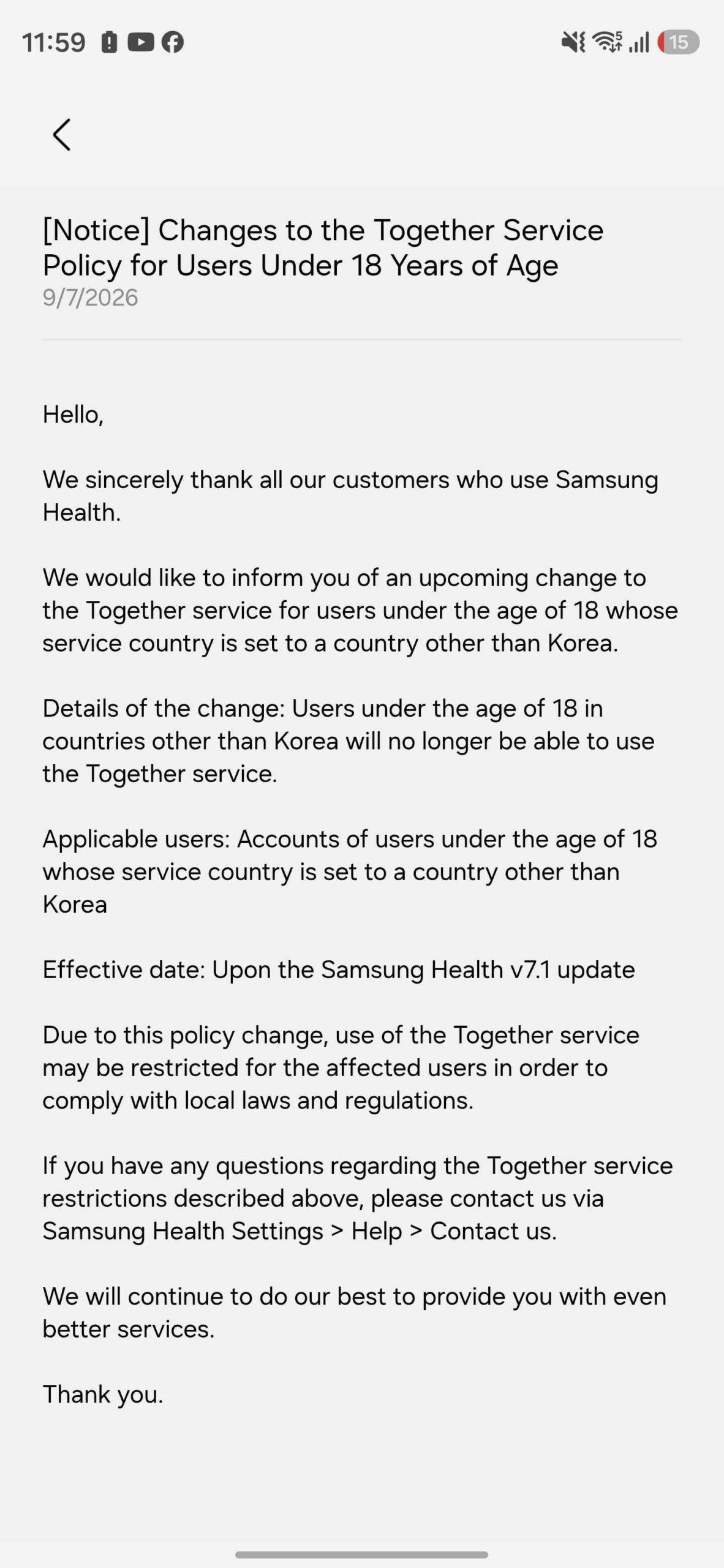 Samsung Health Notice Together Ending Users Below 18 Years