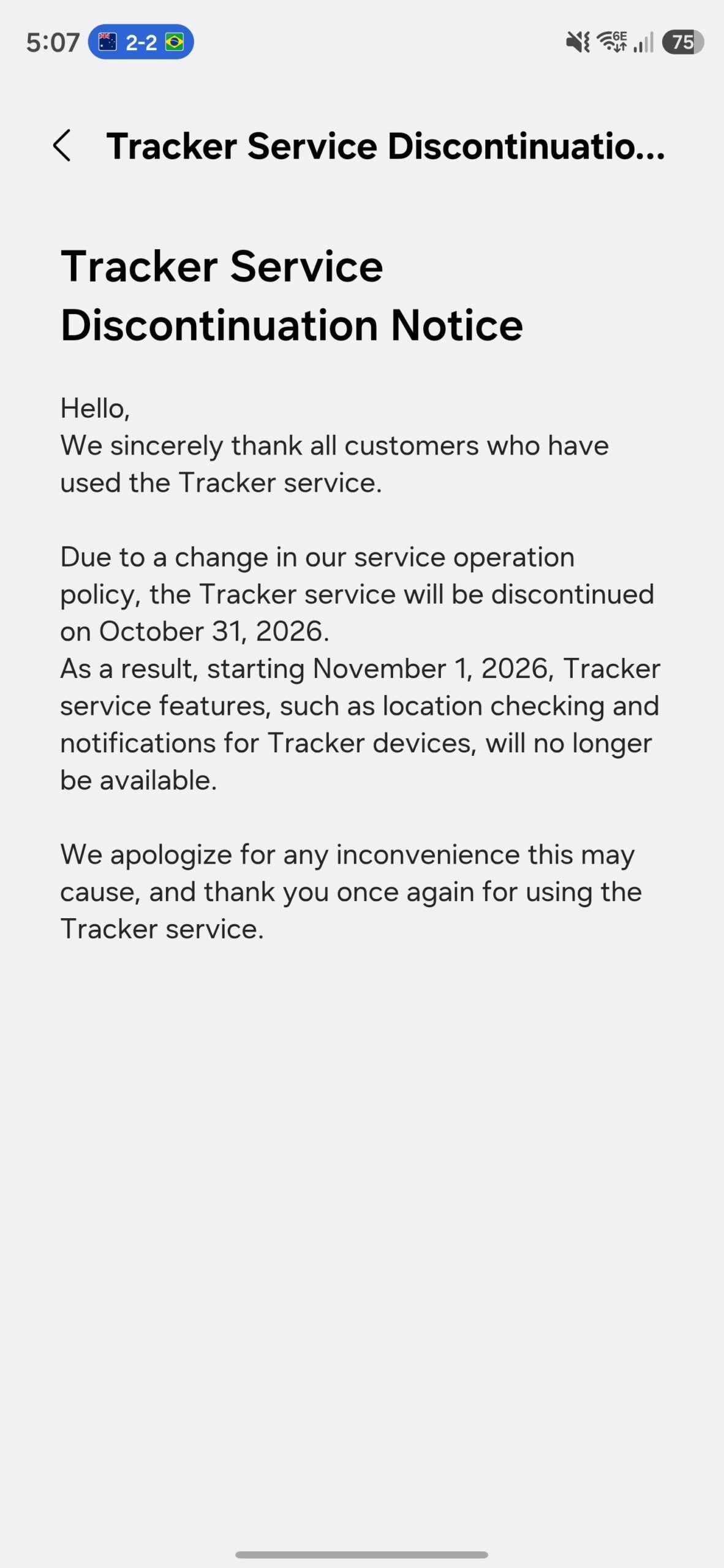 Samsung SmartThings Android Galaxy S26 Ultra Tracker Service Discontinuation Notice
