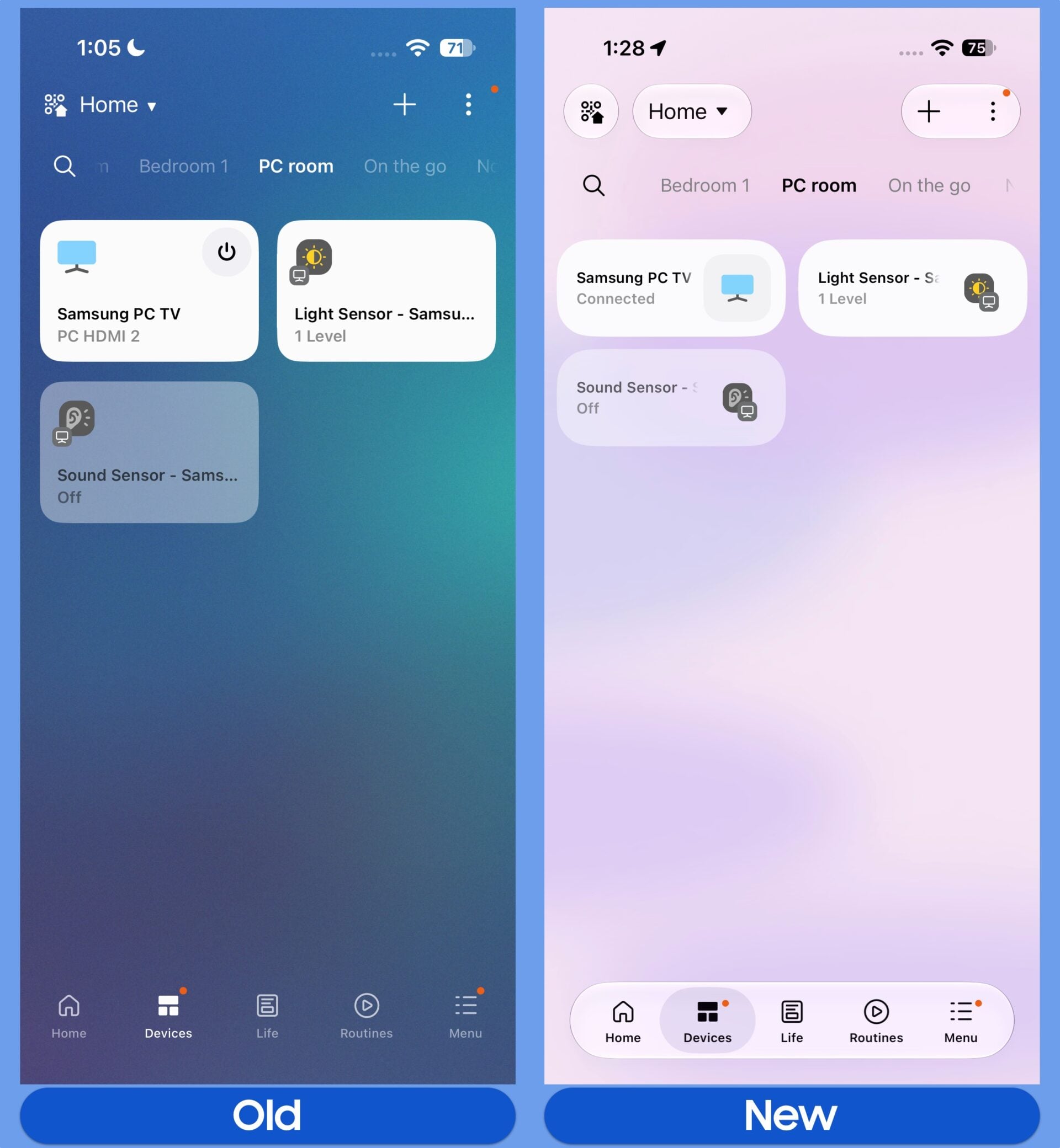 Samsung SmartThings UI Design iOS September 2026 Devices Tab Old New Comparison
