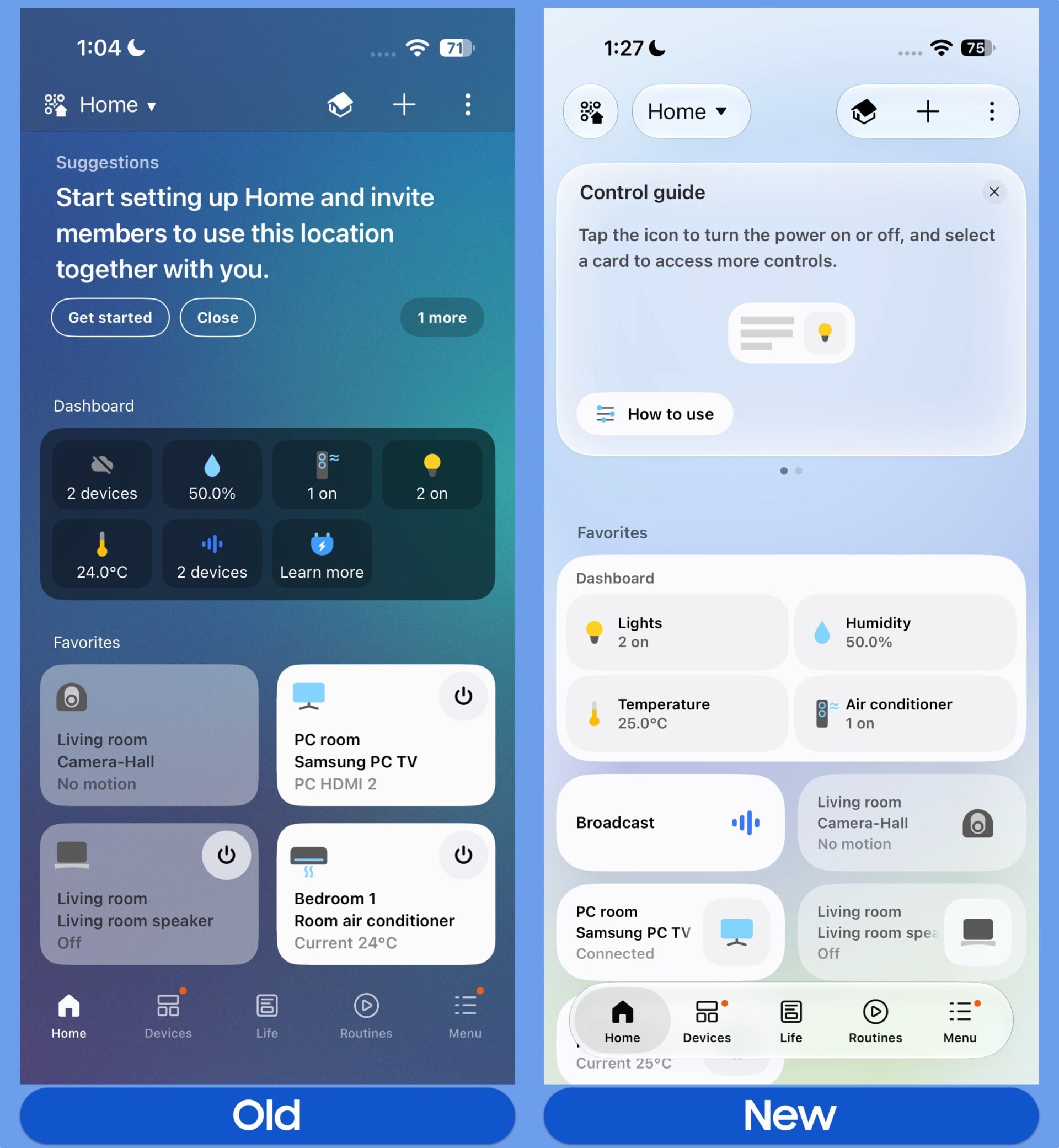 Samsung SmartThings UI Design iOS September 2026 Home Tab Old New Comparison