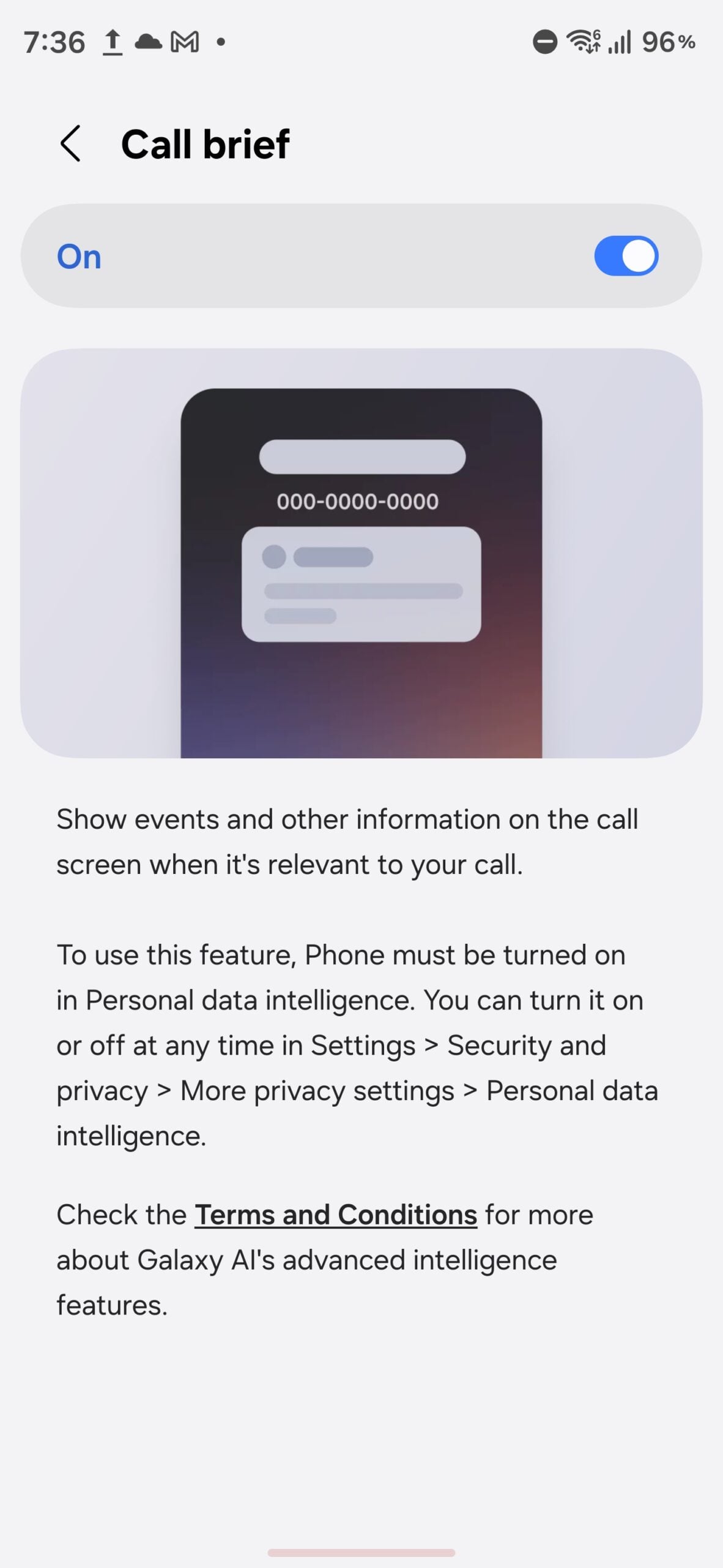 Galaxy AI Call Brief settings menu