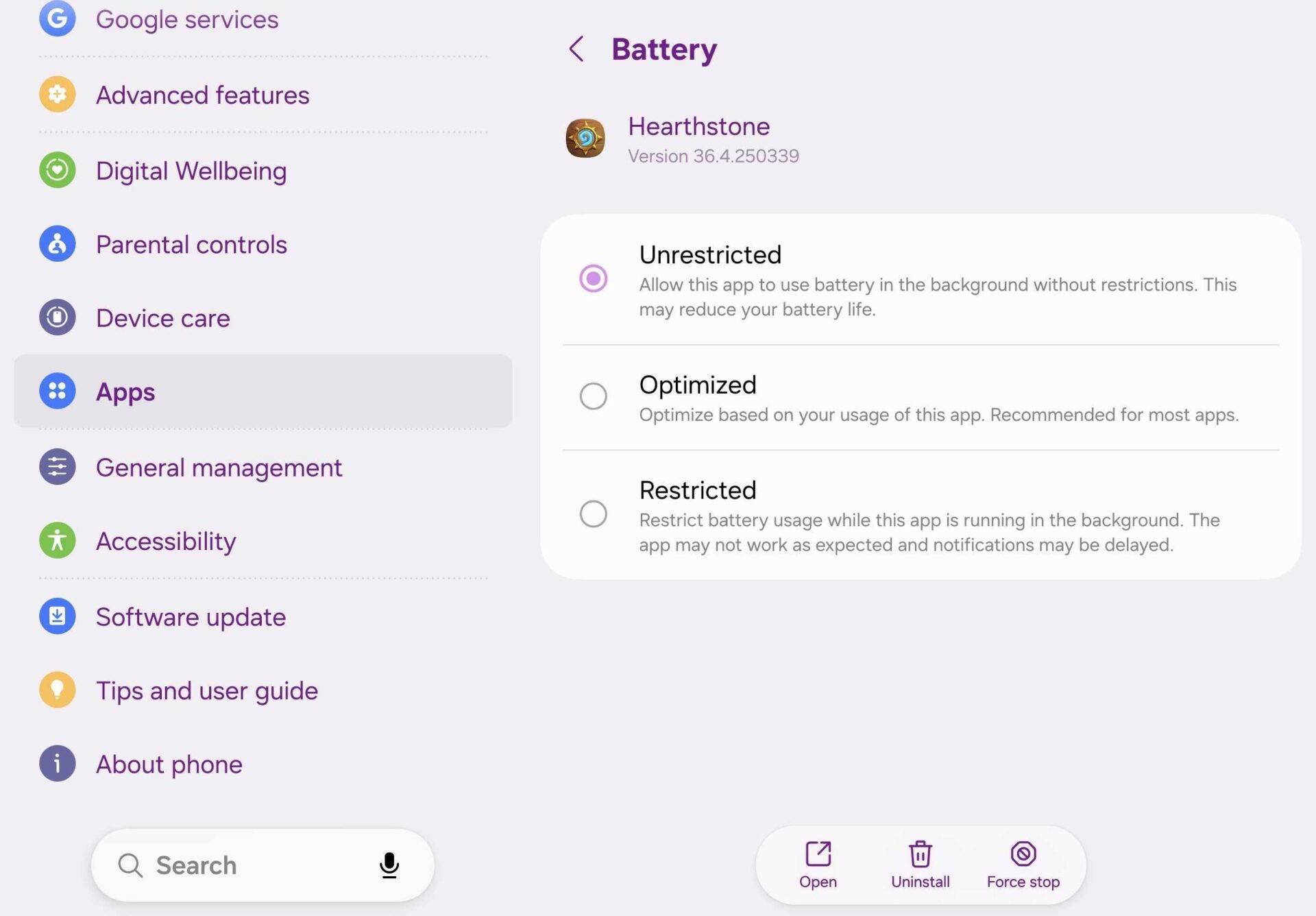 One UI app battery management