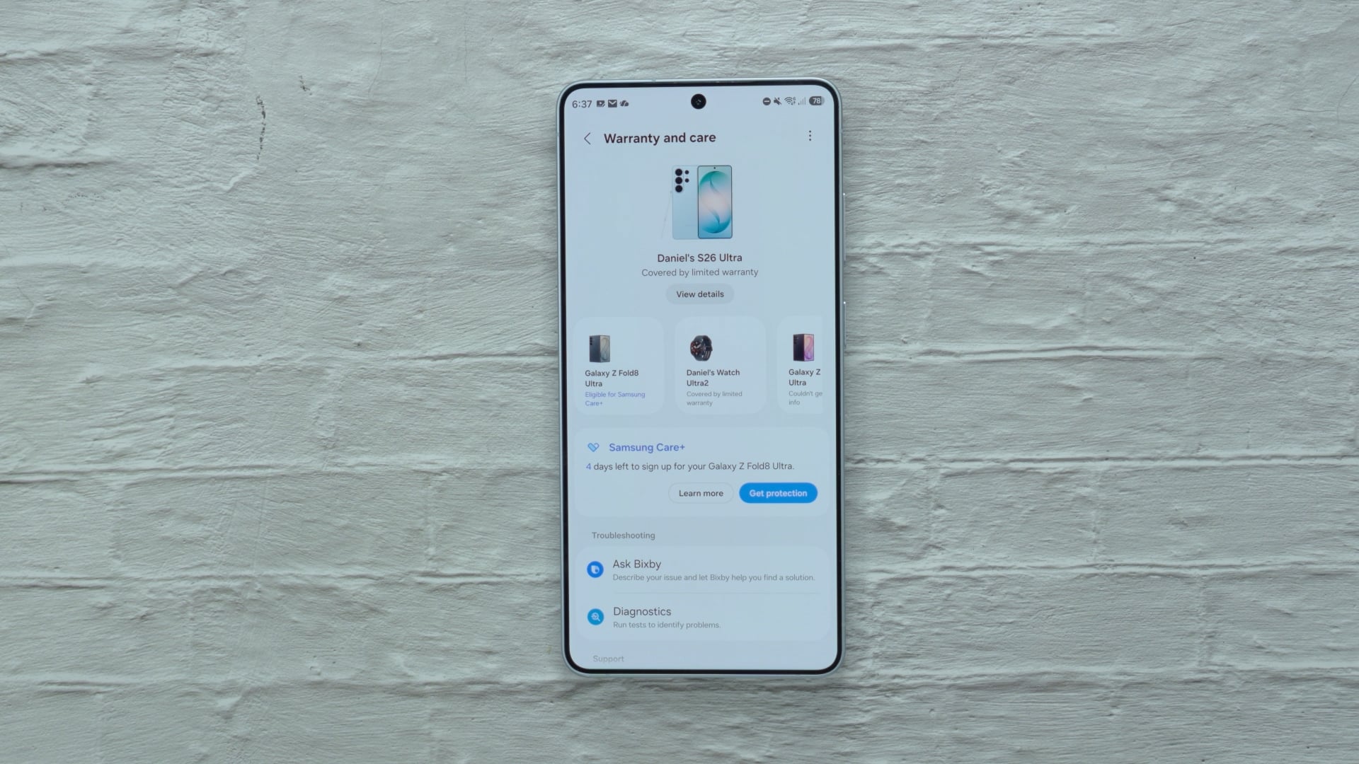 Warranty and care menu on One UI 9