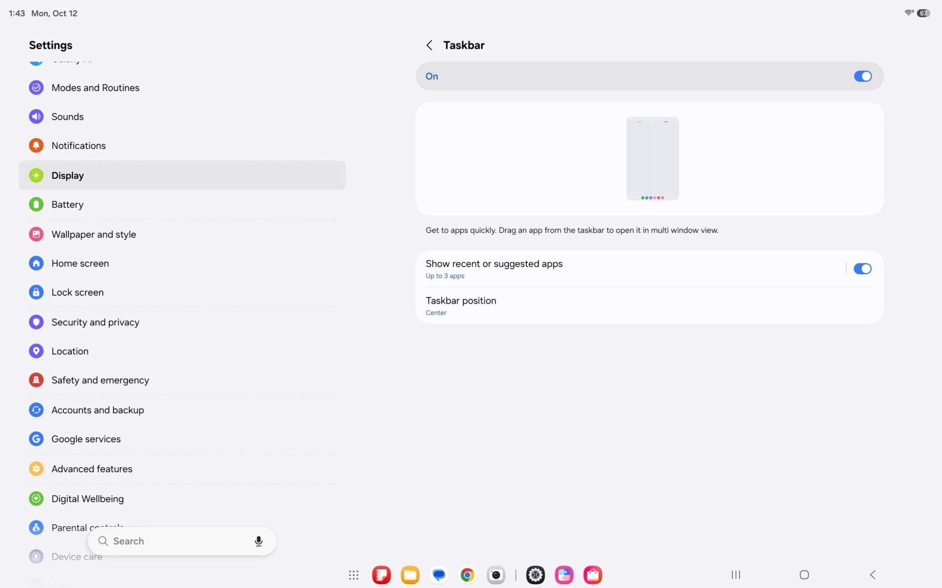 Samsung Galaxy Tab S12 Ultra One UI 9.0 Taskbar Icon Alignment Settings