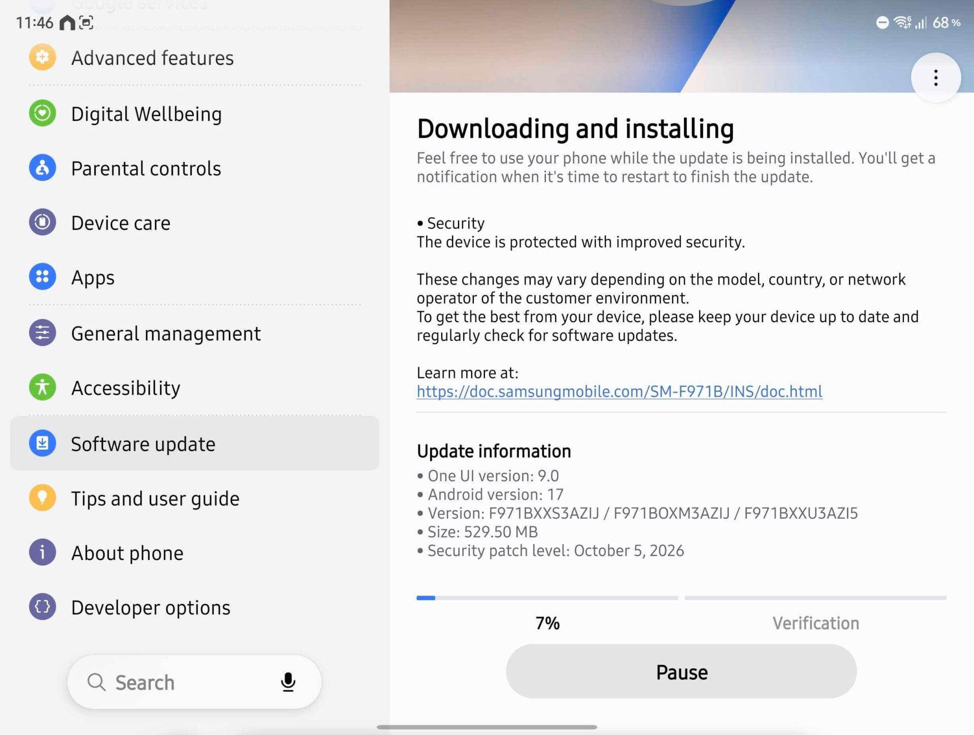 Samsung Galaxy Z Fold 8 Software Update October 2026 Security Patch