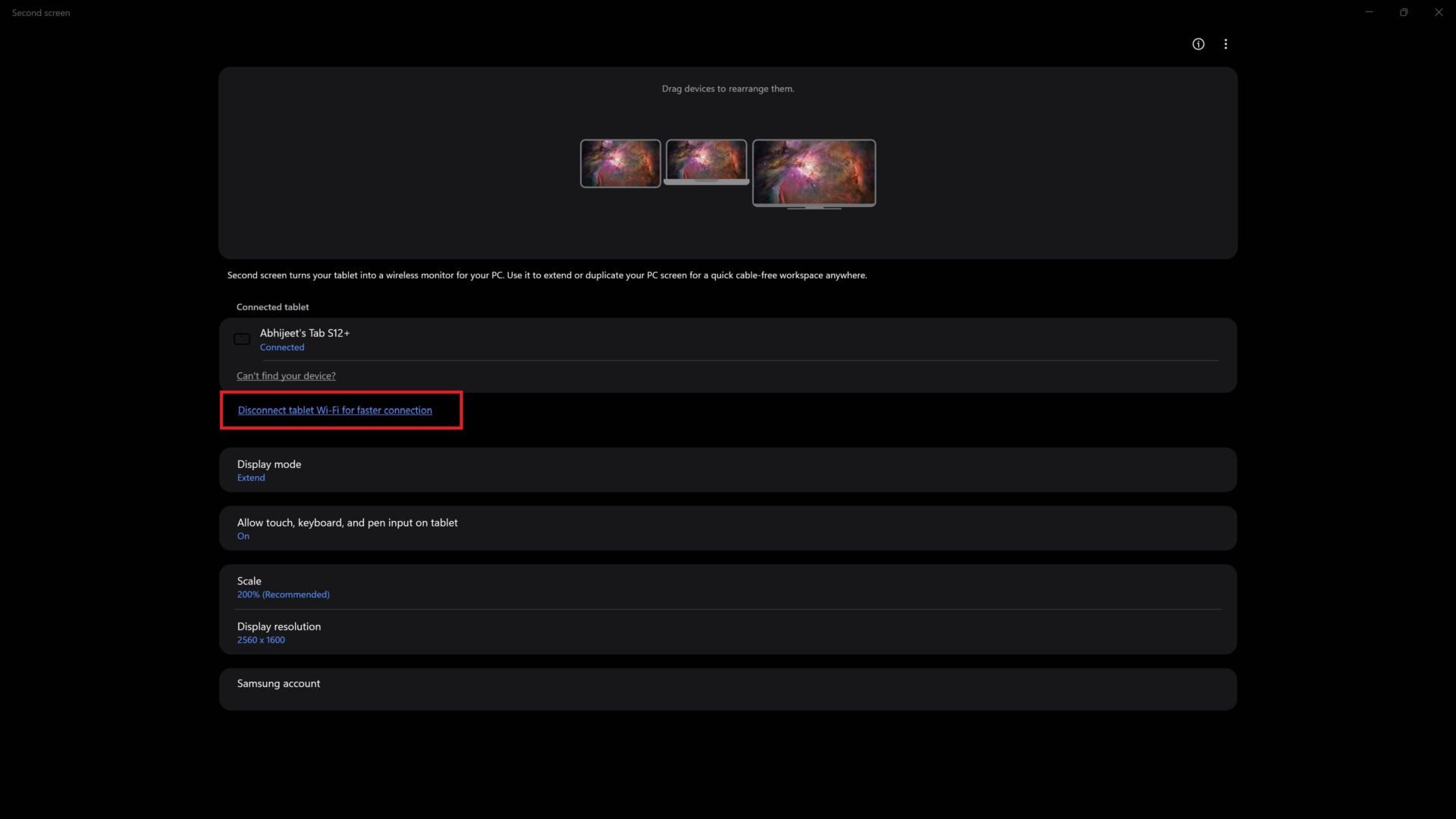 Disconnect tablet Wi-Fi for faster connection option in Samsung Second Screen