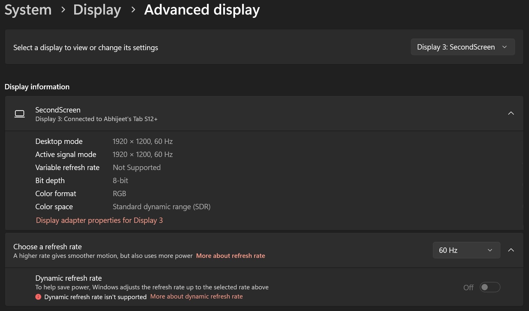 Advanced display settings in Windows 11