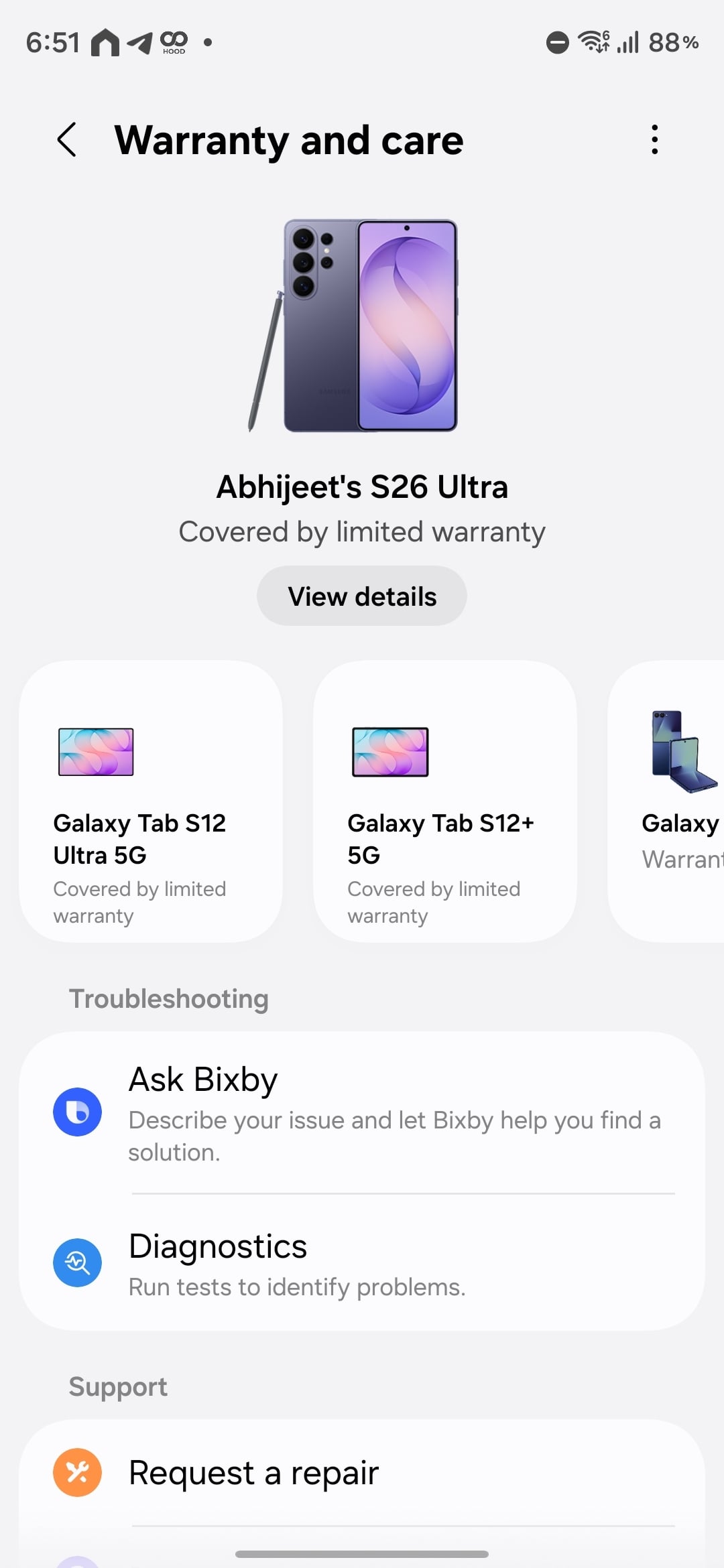 Warrany and care menu in Samsung One UI 9