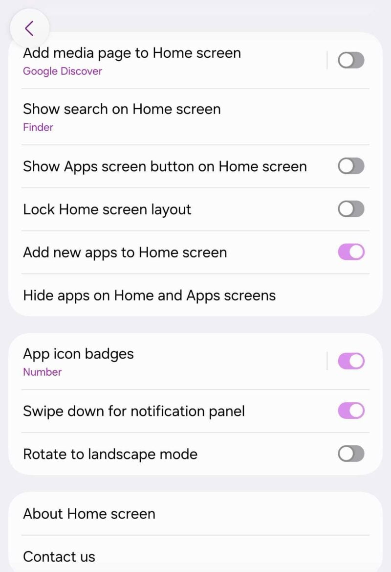 One UI home screen settings