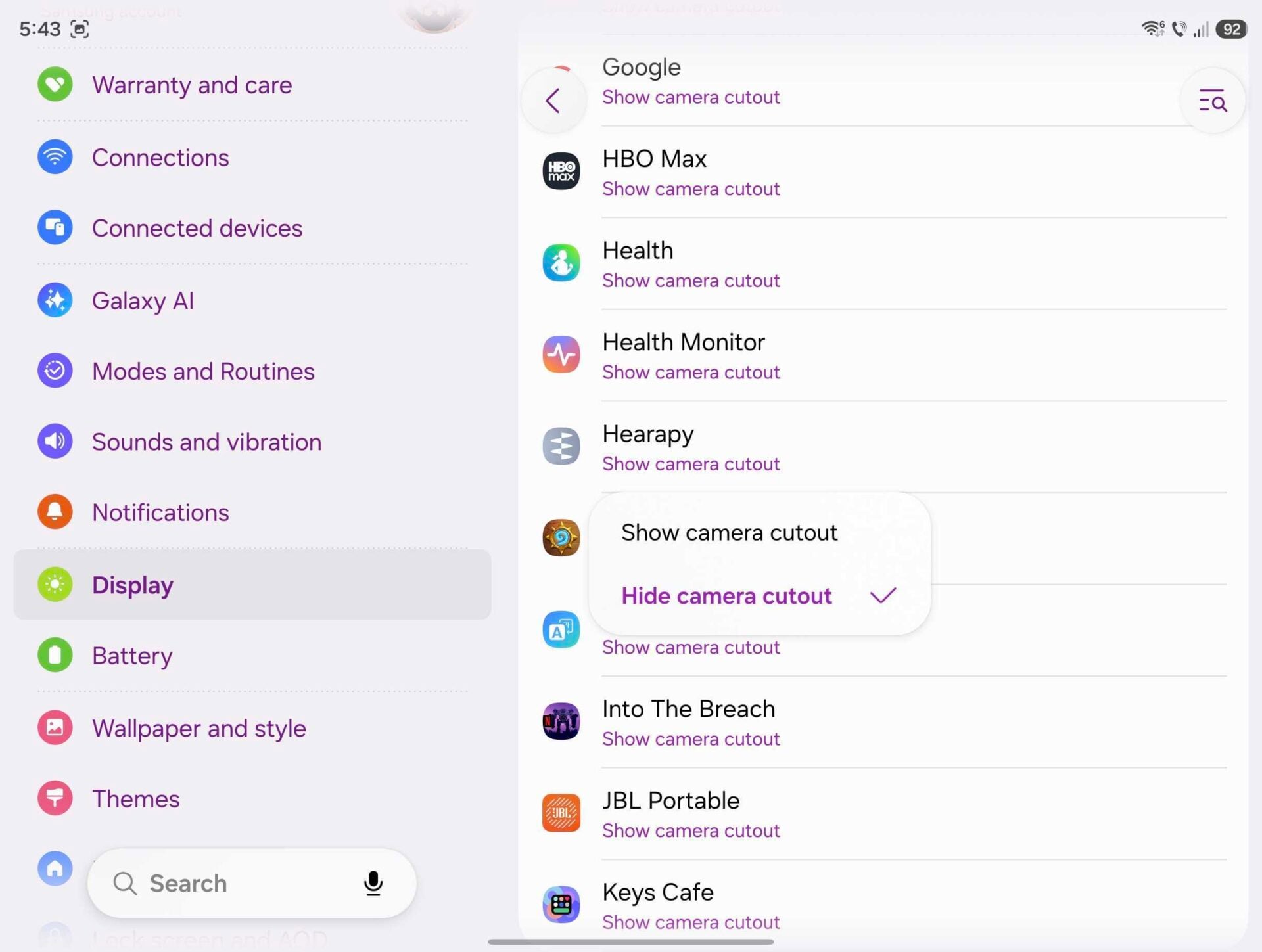 Galaxy Z Fold 8 camera cutout settings