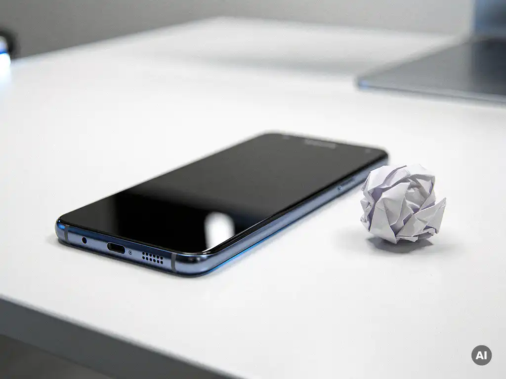 Samsung Galaxy smartphone face-up on a white desk beside a crumpled paper ball symbolizing deleted content.