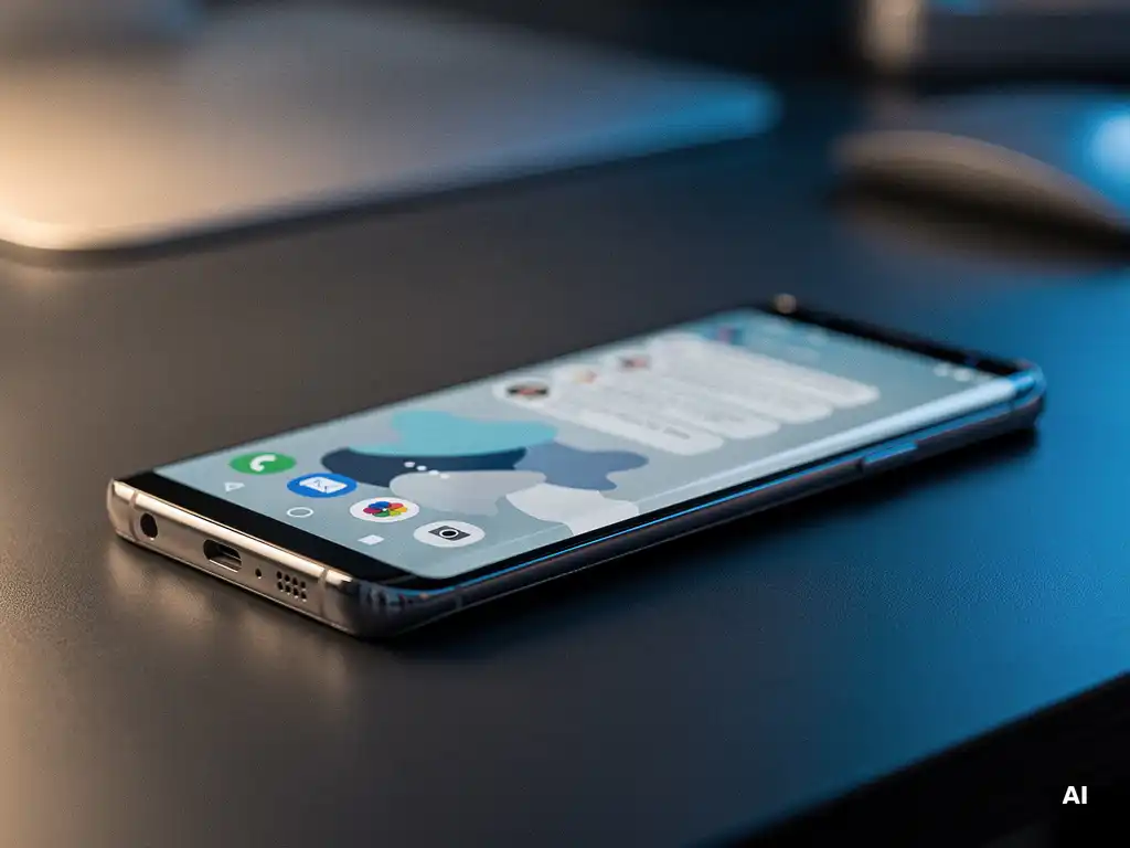 Samsung Galaxy smartphone on dark desk displaying notification history, with soft blue screen glow and shallow depth of field.